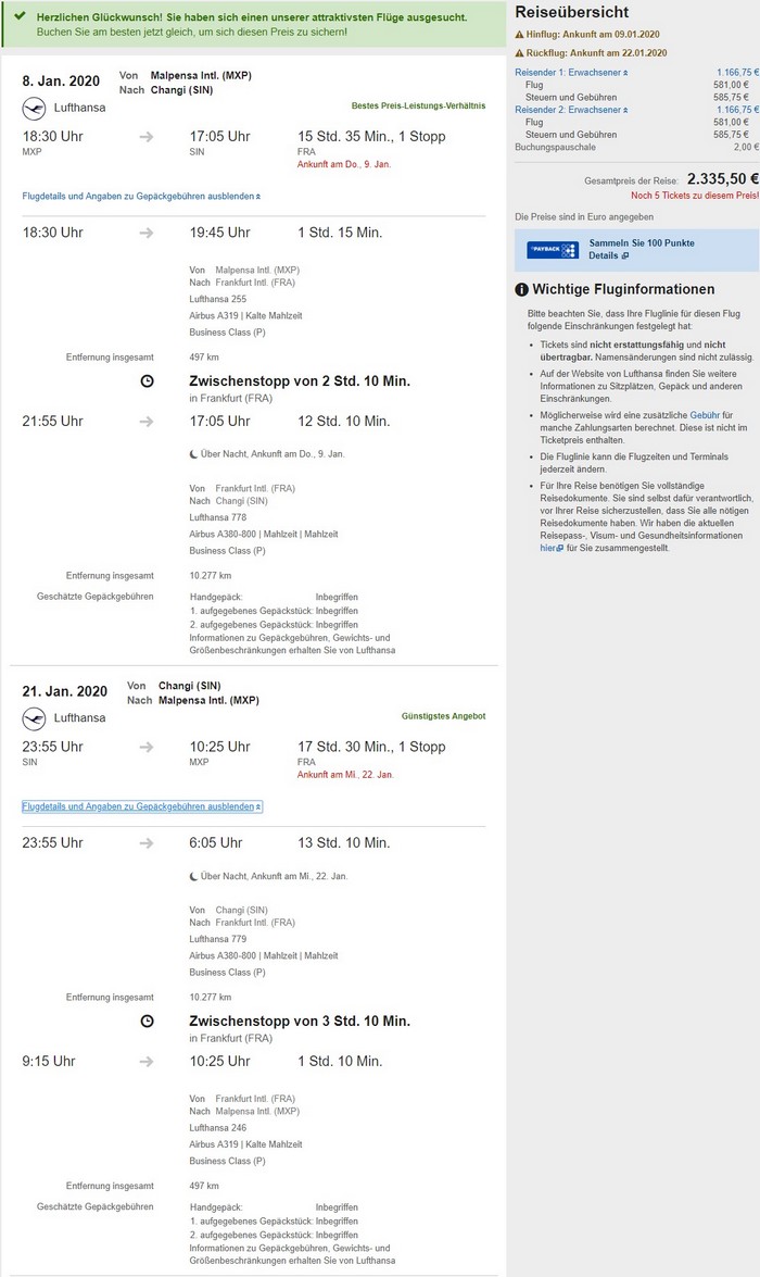 Preisbeispiel Partnerspecial von Mailand nach Singapore in der Lufthansa Business-Class (Expedia)