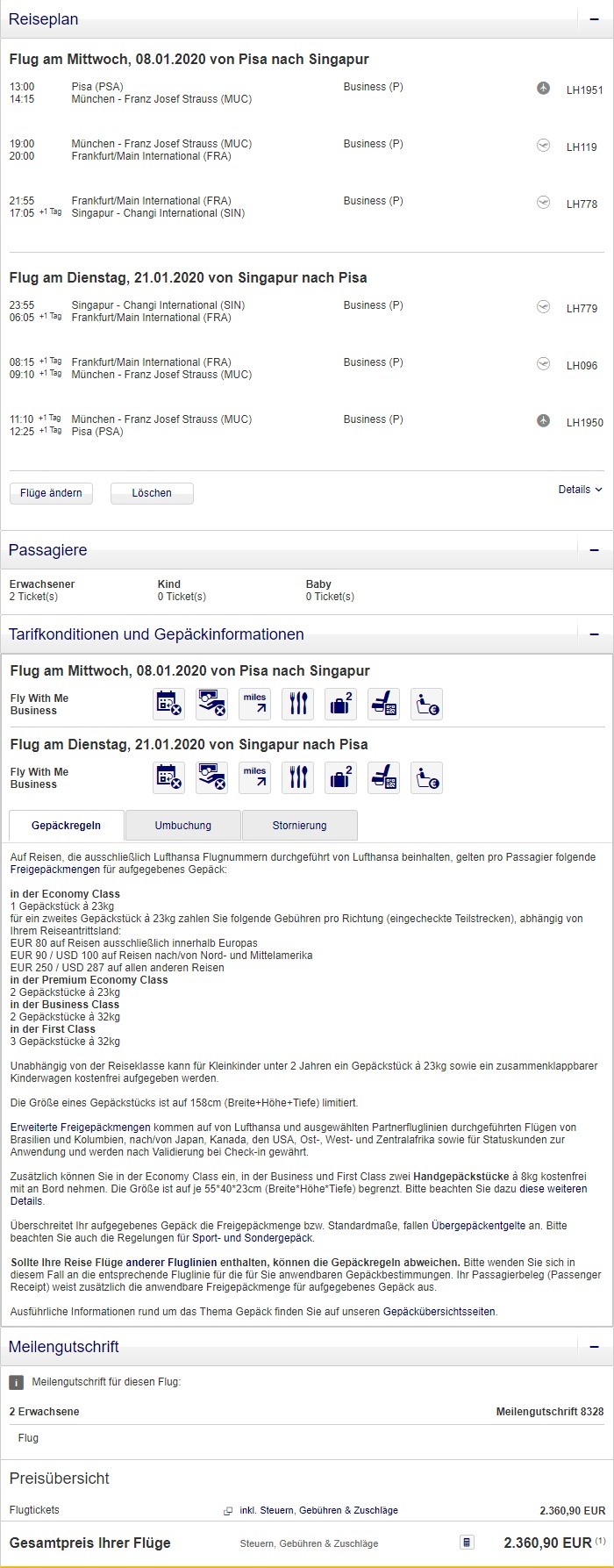 Preisbeispiel Partnerspecial von Pisa nach Singapore in der Lufthansa Business-Class