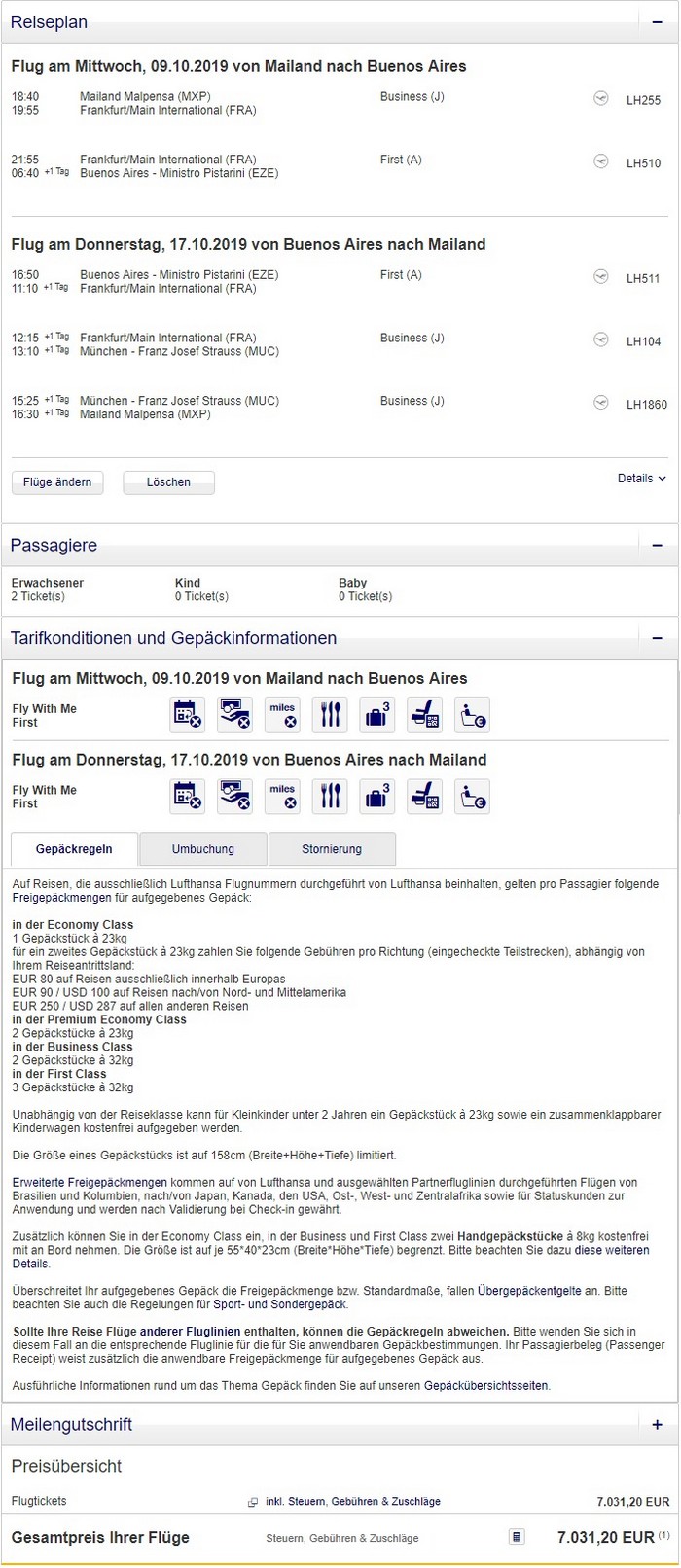 Preisbeispiel Partnerspecial von Mailand nach Buenos Aires in der Lufthansa First-Class