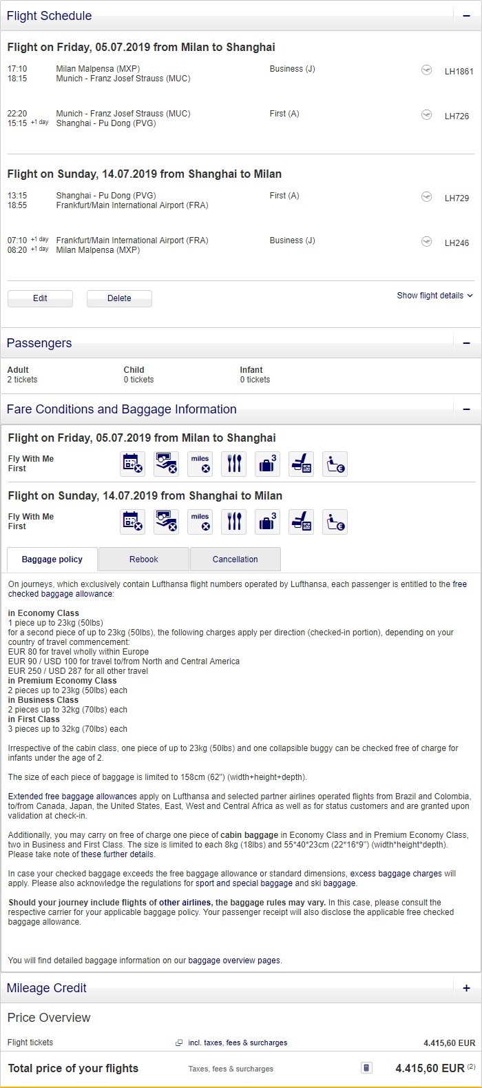 Preisbeispiel Partnerspecial von Mailand nach Shanghai in der Lufthansa First-Class