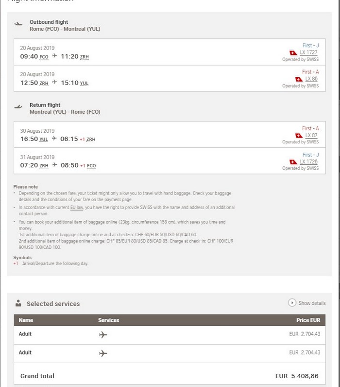 Preisbeispiel Partnerspecial von Rom nach Montreal in der Swiss First-Class