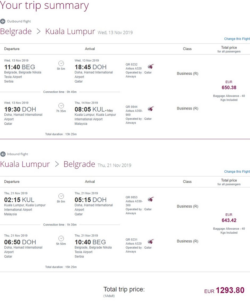 Preisbeispiel von Belgrad nach Kuala Lumpur in der Qatar Airways Business-Clas