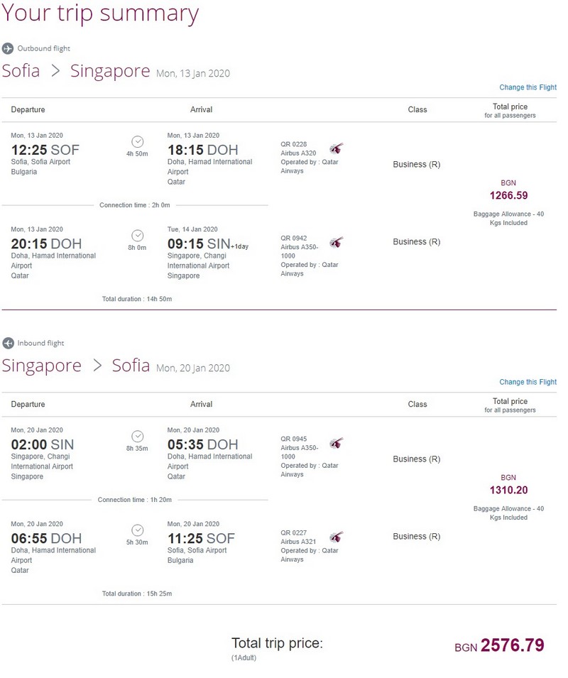 Preisbeispiel von Sofia nach Singapore in der Qatar Airways Business-Class