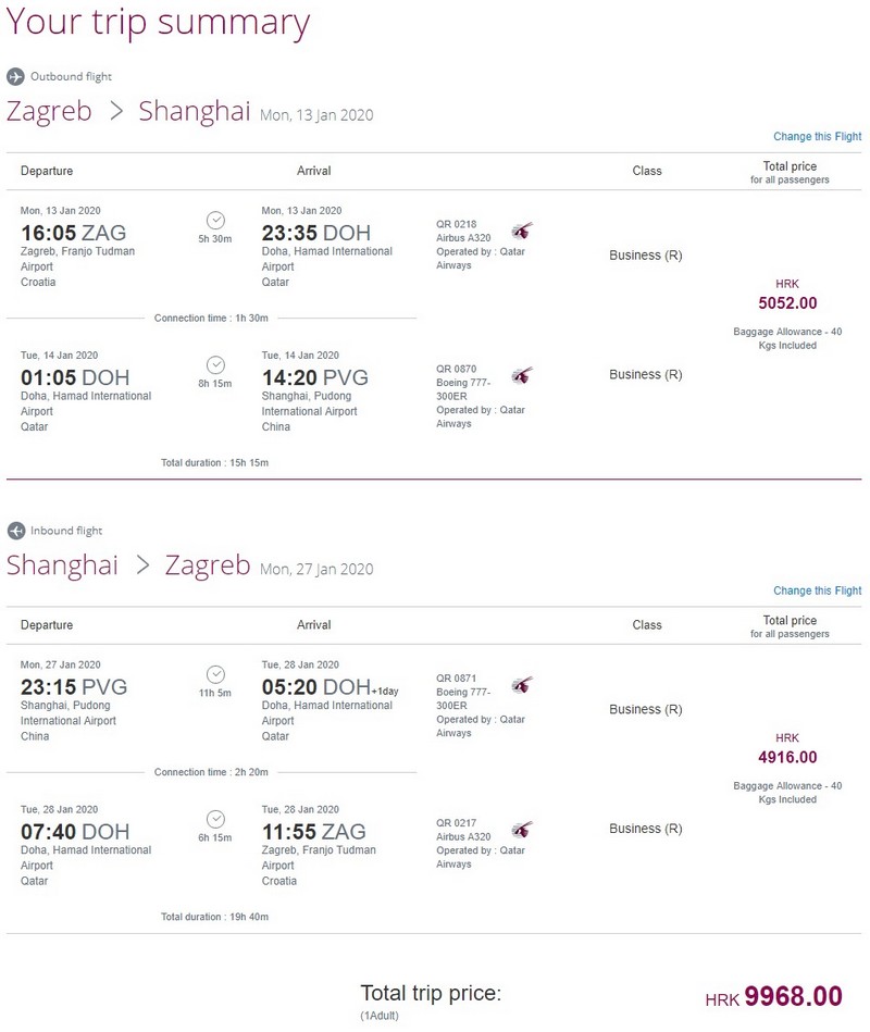 Preisbeispiel von Zagreb nach Shanghai in der Qatar Airways Business-Class