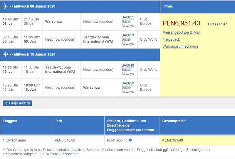 Preisbeispiel von Warschau nach Seattle in der British Airways Business-Class