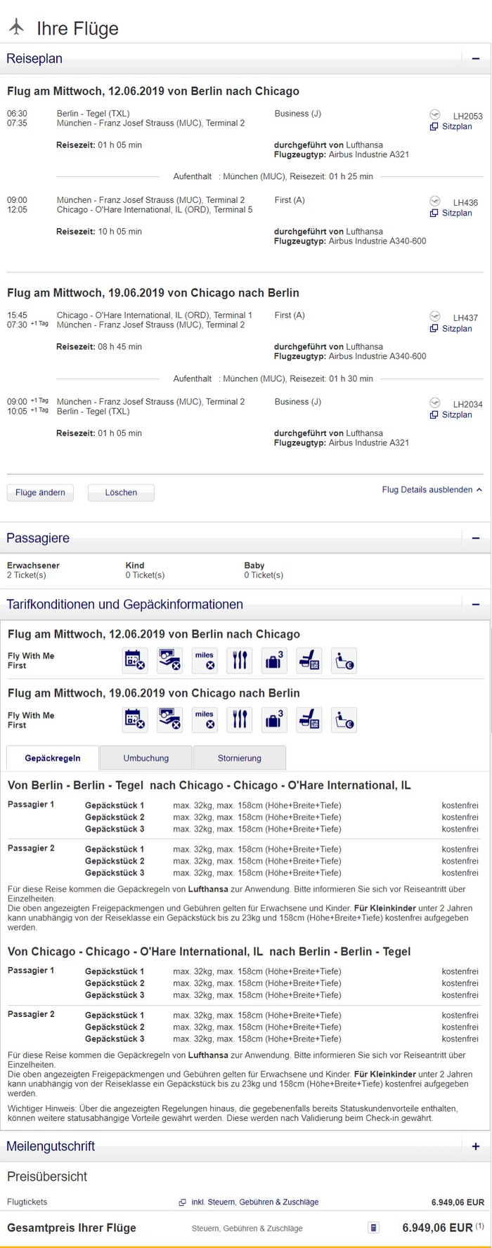 Preisbeispiel Partnerspecial von Berlin nach Chicago in der Lufthansa First-Class