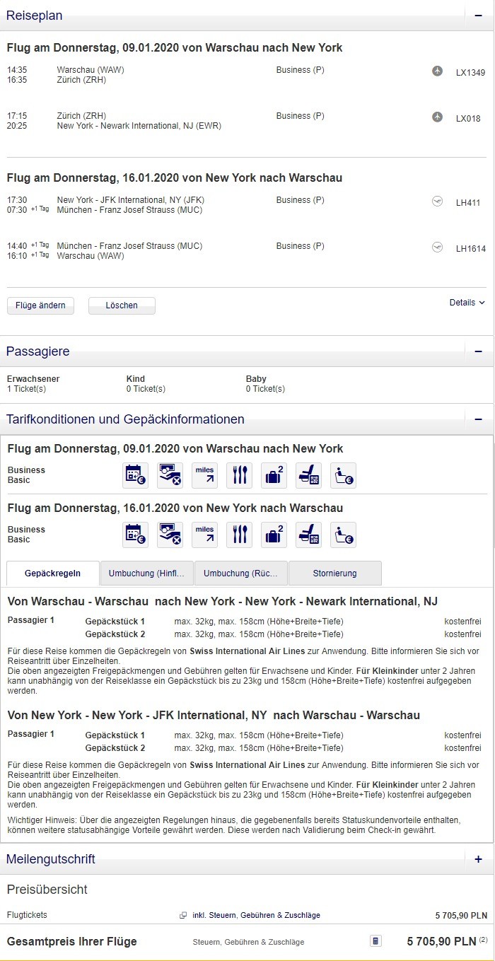 Preisbeispiel von Warschau nach New York in der Lufthansa Business-Class