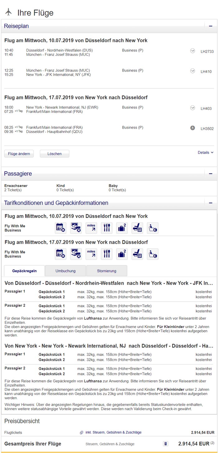 Preisbeispiel Partnerspecial von Düsseldorf nach New York in der Lufthansa Business-Class