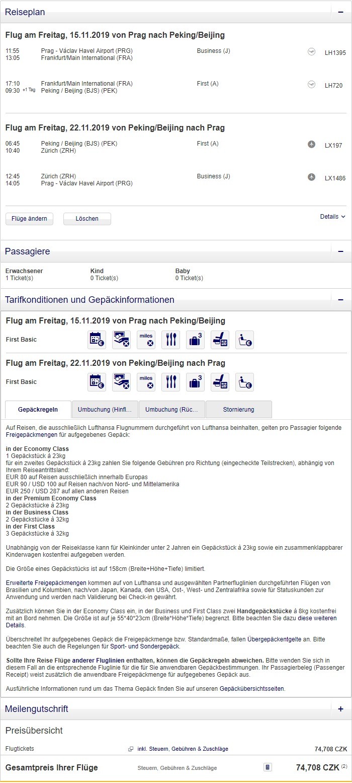 Preisbeispiel von Prag nach Peking in der Lufthansa First-Class