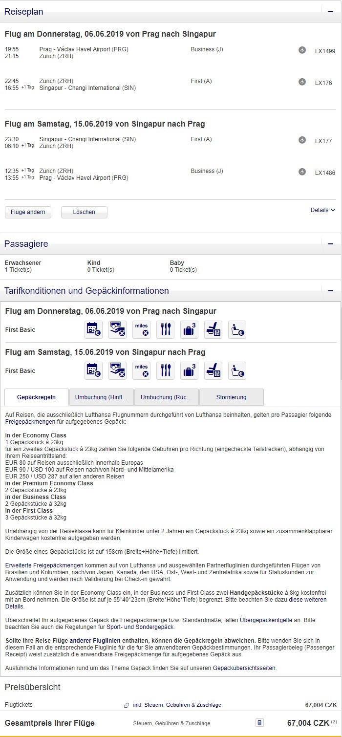 Preisbeispiel von Prag nach Singapore in der Lufthansa First-Class