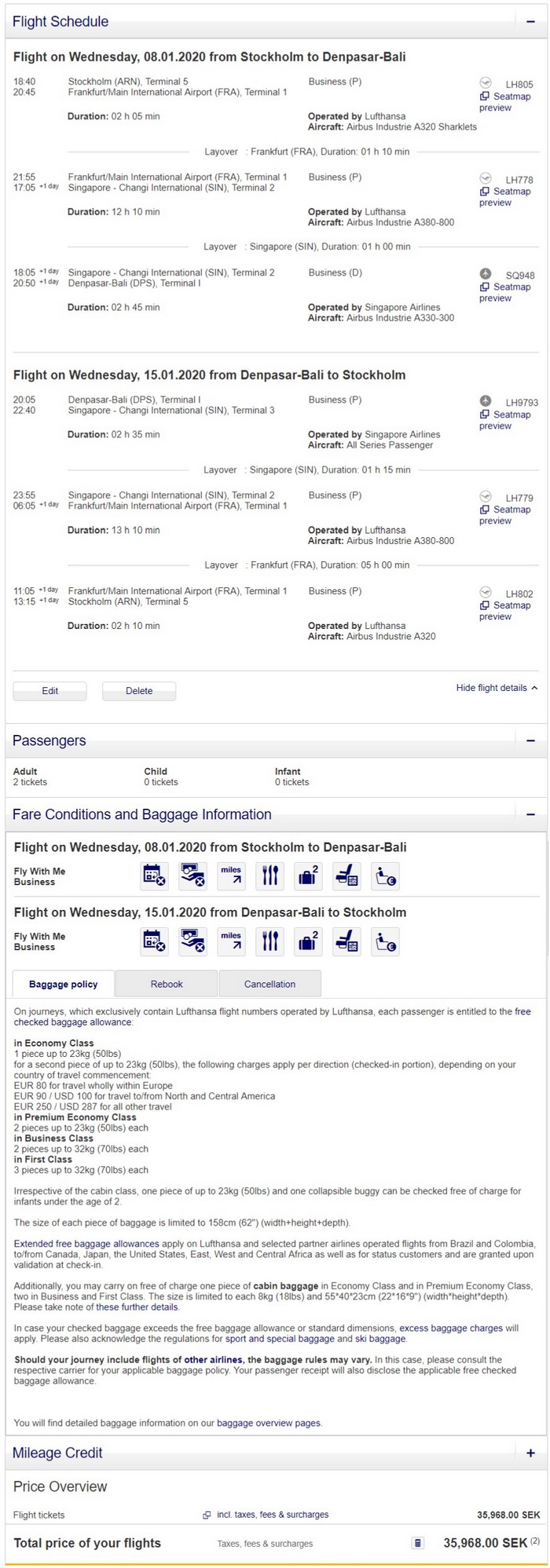 Preisbeispiel Partnerspecial von Stockholm nach Bali in der Lufthansa und Singapore Airlines Business-Class