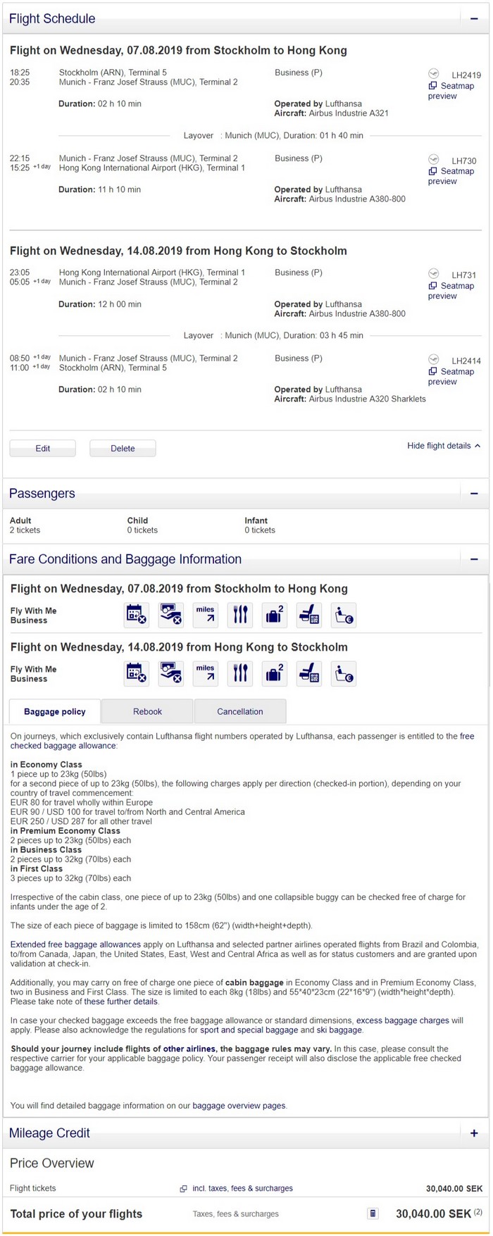 Preisbeispiel Partnerspecial von Stockholm nach Hong Kong in der Lufthansa Business-Class