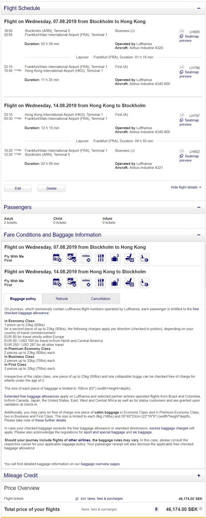 Preisbeispiel Partnerspecial von Stockholm nach Hong Kong in der Lufthansa First -Class