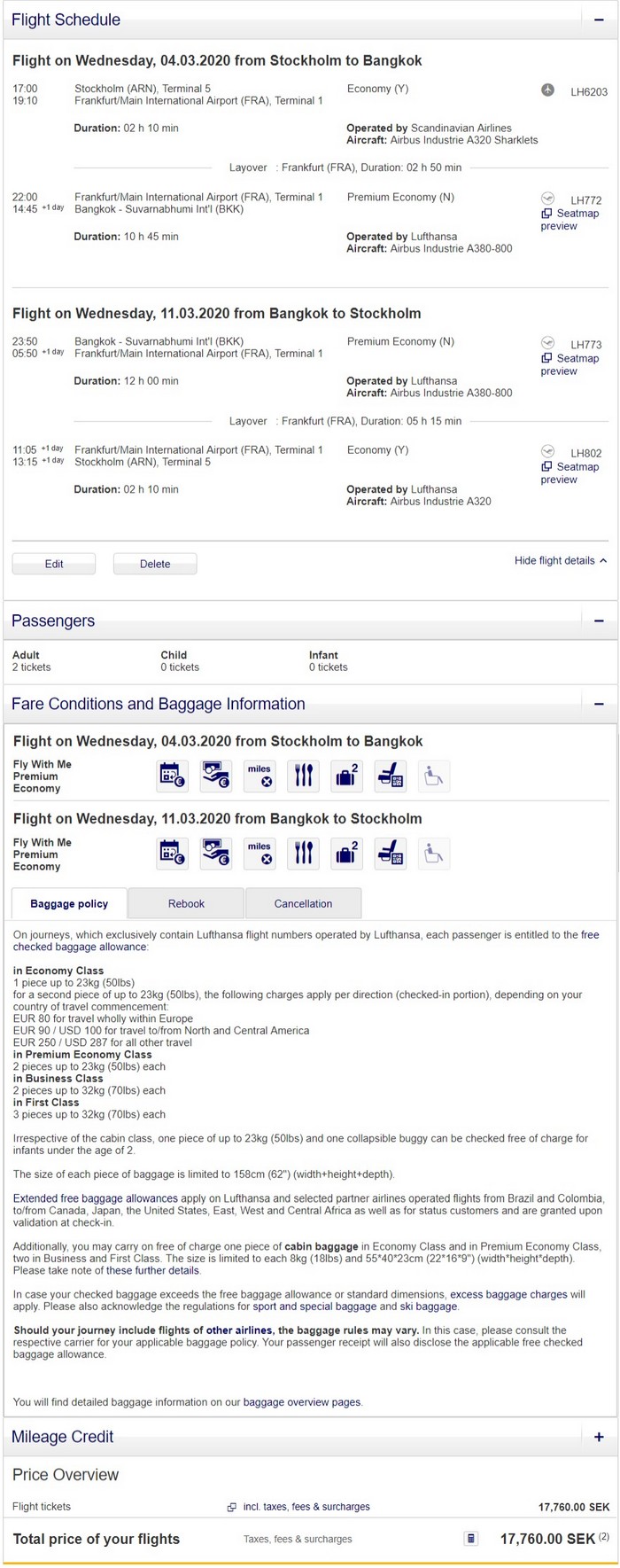 Preisbeispiel Partnerspecial von Stockholm nach Bangkok in der Lufthansa Premium-Economy-Class