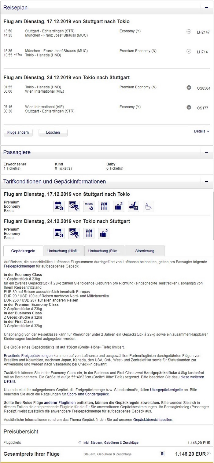Preisbeispiel von Stuttgart nach Tokyo in der Lufthansa Premium-Economy-Class