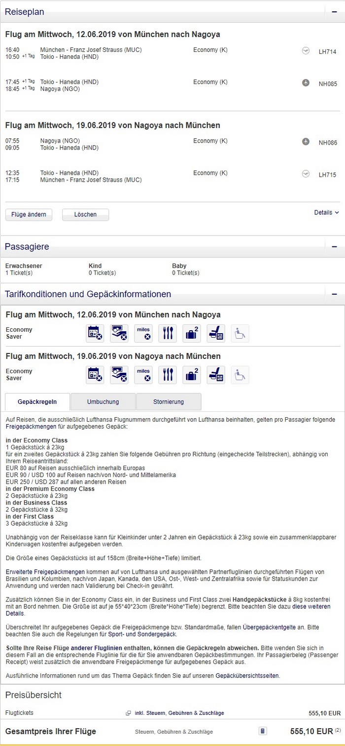 Preisbeispiel von München nach Nagoya in der Lufthansa Economy-Class
