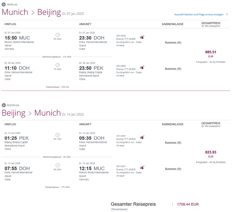 Preisbeispiel von München nach Peking in der Qatar Airways Business-Class