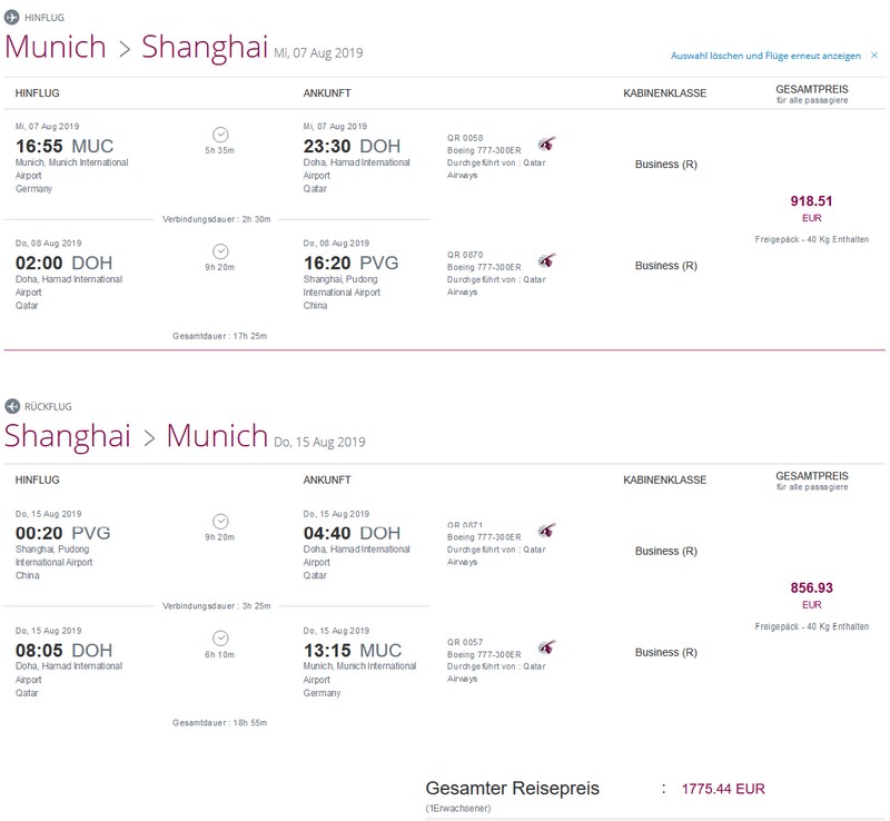 Preisbeispiel von München nach Shanghai in der Qatar Airways Business-Class