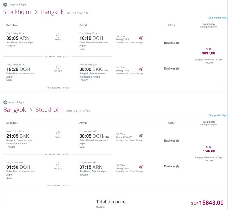 Preisbeispiel von Stockholm nach Bangkok in der Qatar Airways Business-Class