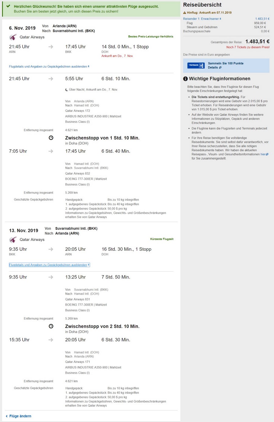 Preisbeispiel von Stockholm nach Bangkok in der Qatar Airways Business-Class (Expedia)