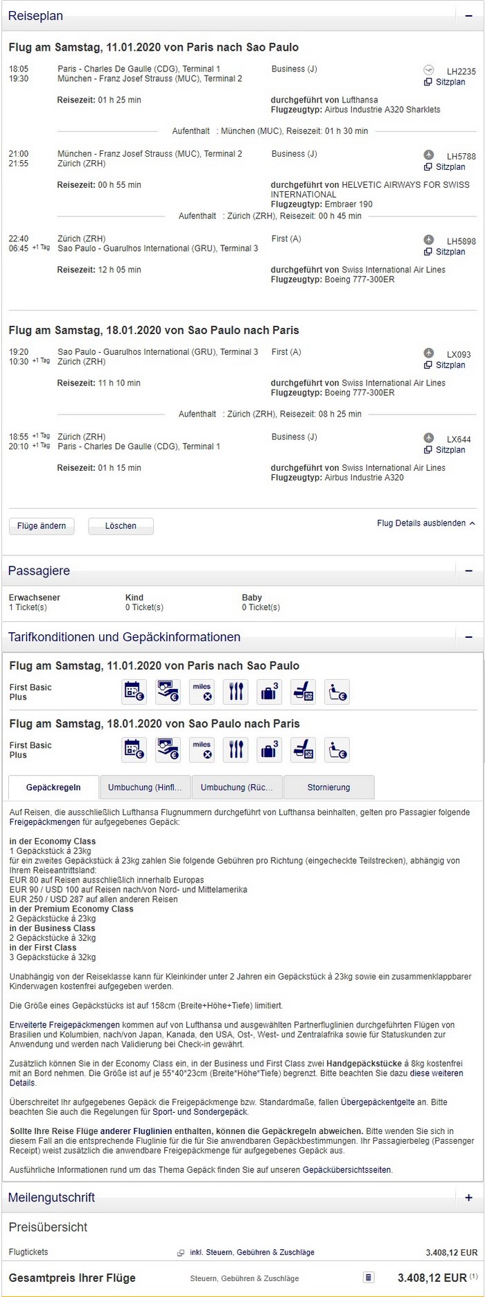 Preisbeispiel von Paris nach Sao Paulo in der Swiss First-Class / Buchung bei Lufthansa