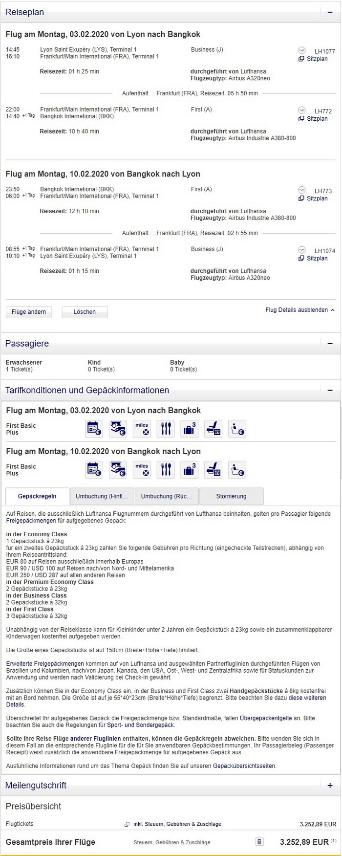 Preisbeispiel von Lyon nach Bangkok in der Lufthansa First-Class