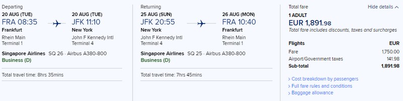 Preisbeispiel von Frankfurt nach New York (JFK) in der Singapore Airlines Business-Class