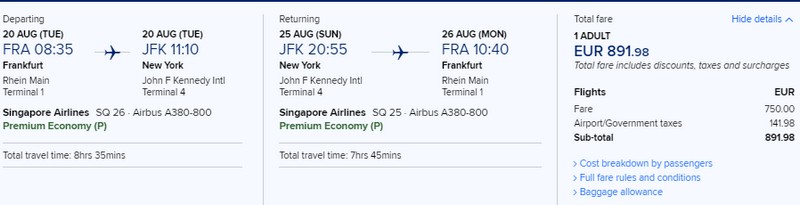 Preisbeispiel von Frankfurt nach New York (JFK) in der Singapore Airlines Premium-Economy-Class