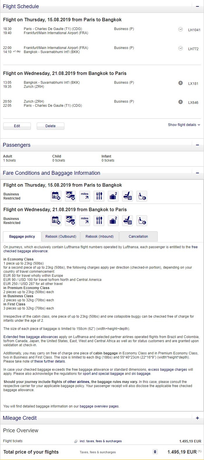 Preisbeispiel von Paris nach Bangkok in der Lufthansa Business-Class