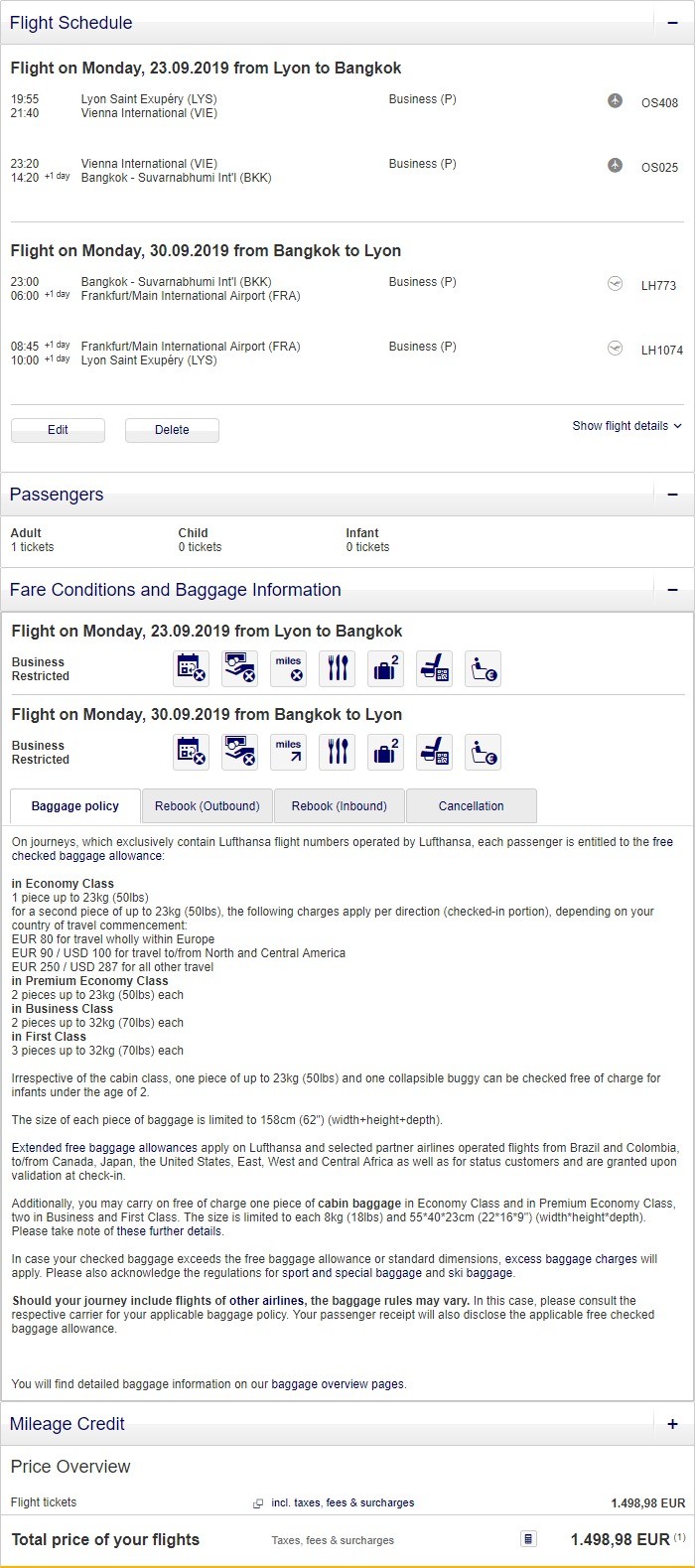 Preisbeispiel von Lyon nach Bangkok in der Lufthansa Business-Class