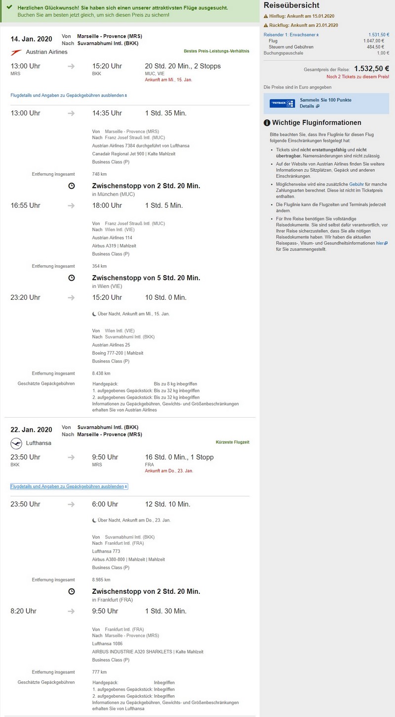 Preisbeispiel von Marseille nach Bangkok in der Lufthansa Business-Class (Expedia)