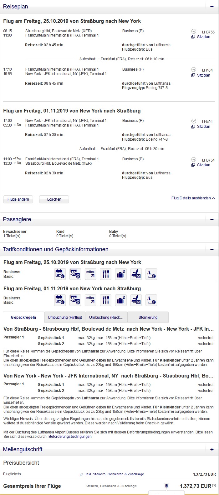 Preisbeispiel von Straßburg nach New York in der Lufthansa Business-Class