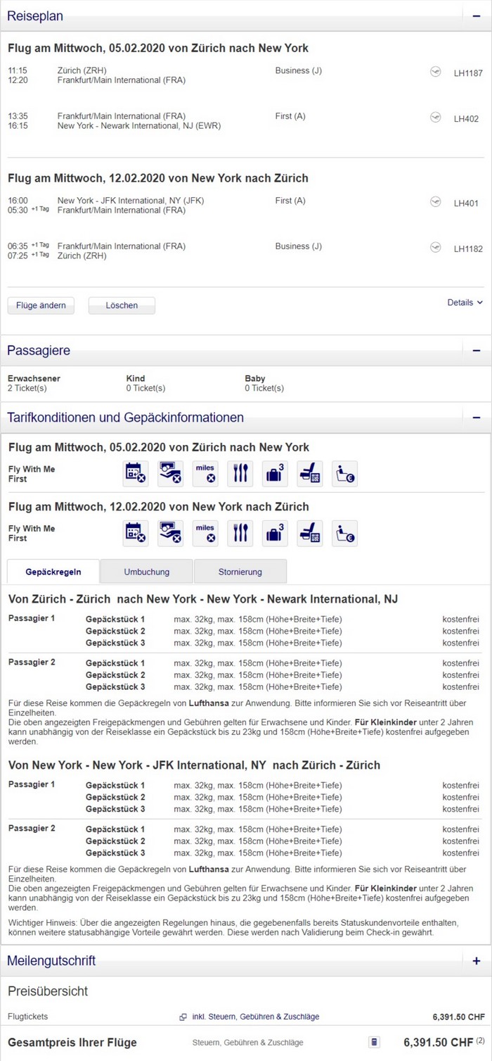 Preisbeispiel für Partnertarif von Zürich nach New York in der Lufthansa First-Class