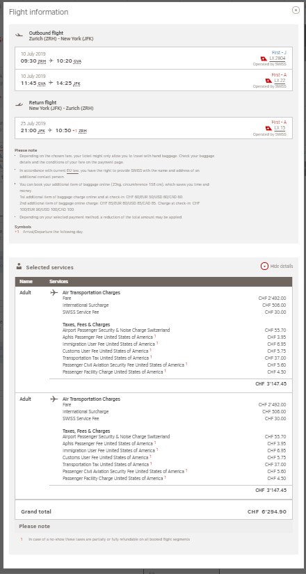 Preisbeispiel für Partnertarif von Zürich nach New York in der Swiss First-Class 09.06.2019 13:35 CEST)