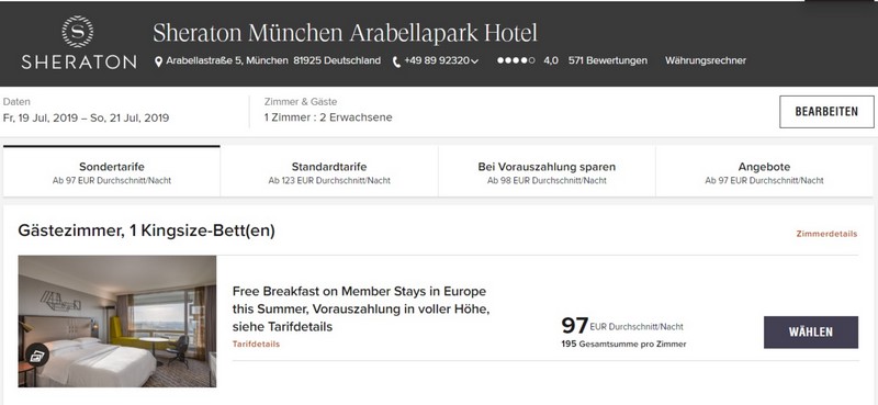 Marriott Bonvoy Sommerangebote 2019 Raten im Sheraton München Arabellepark