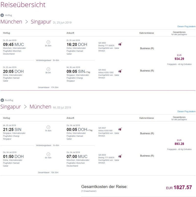 Preisbeispiel von München nach Singapore in der Qatar Airways Business-Class