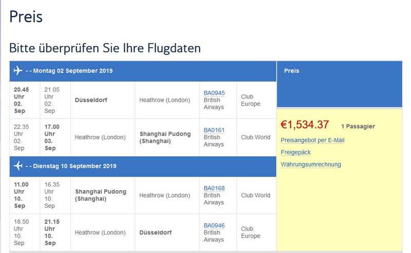 Preisbeispiel von Düssedorf nach Shnaghai in der British Airways Business-Class