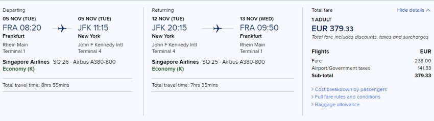 Preisbeispiel von Frankfurt nach New York (JFK) in der Singapore Airlines Economy-Class