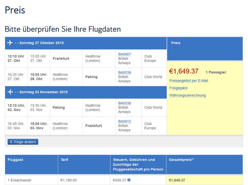 Preisbeispiel von Frankfurt nach Peking in der British Airways Business-Class