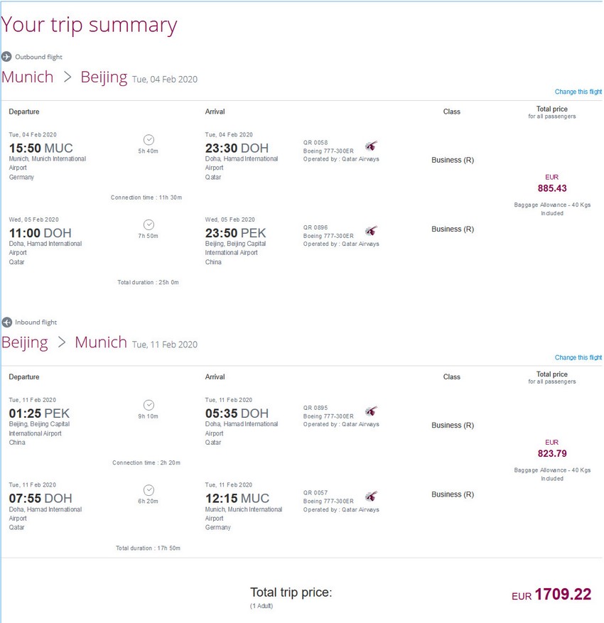 Preisbeispiel von München nach Beijing in der Qatar Airways Business-Class