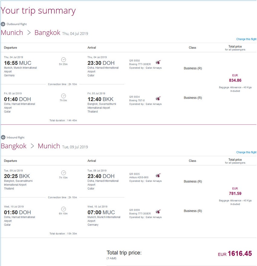 Preisbeispiel von München nach Bangkok in der Qatar Airways Business-Class