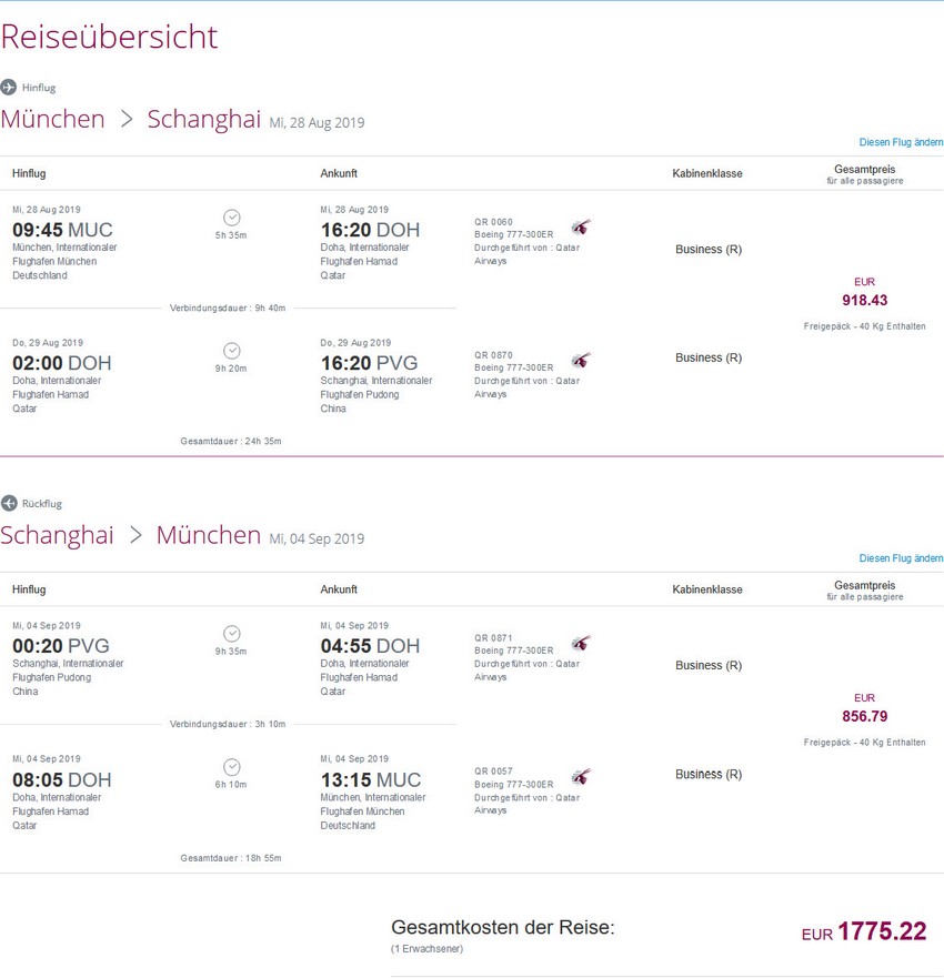 Preisbeispiel von München nach Shanghai in der Qatar Airways Business-Class