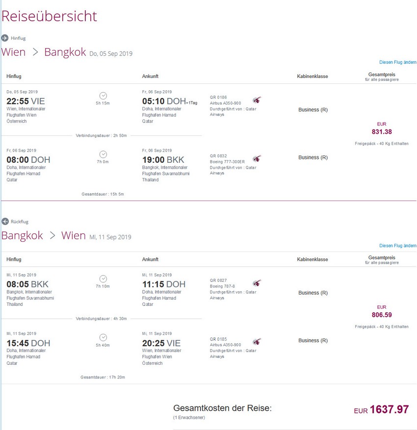 Preisbeispiel von Wien nach Bangkok in der Qatar Airways Business-Class