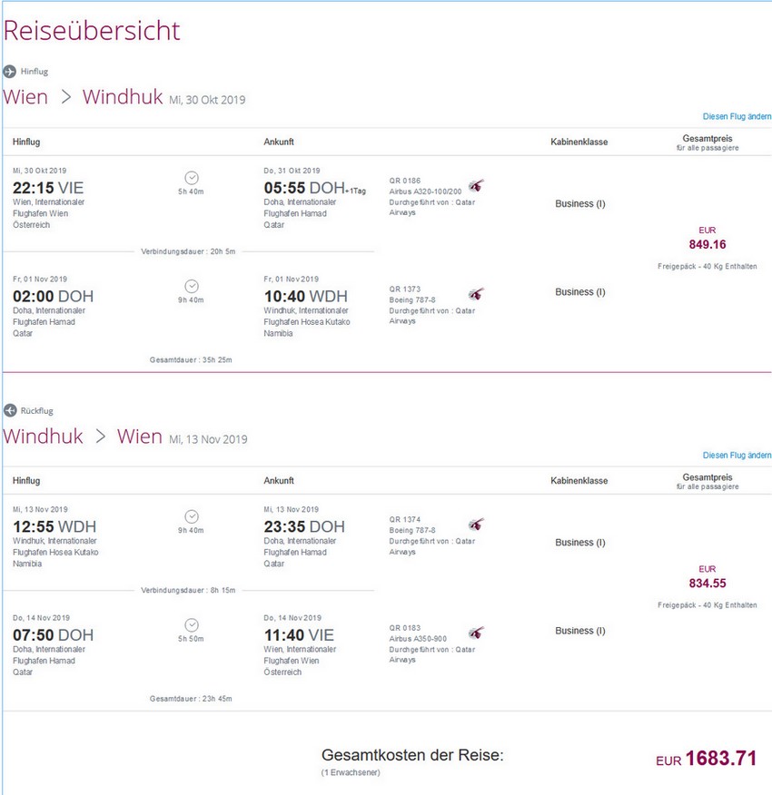 Preisbeispiel von Wien nach Windhuk in der Qatar Airways Business-Class