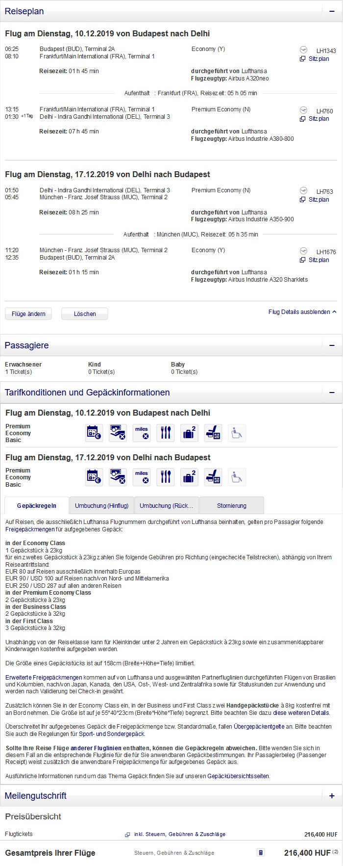 Preisbeispiel von Budapest nach Delhi in der Lufthansa Premium-Economy-Class