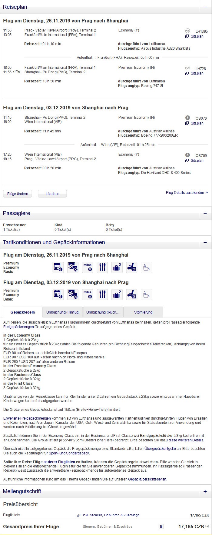 Preisbeispiel von Prag nach Shanghai in der Lufthansa Premium-Economy-Class