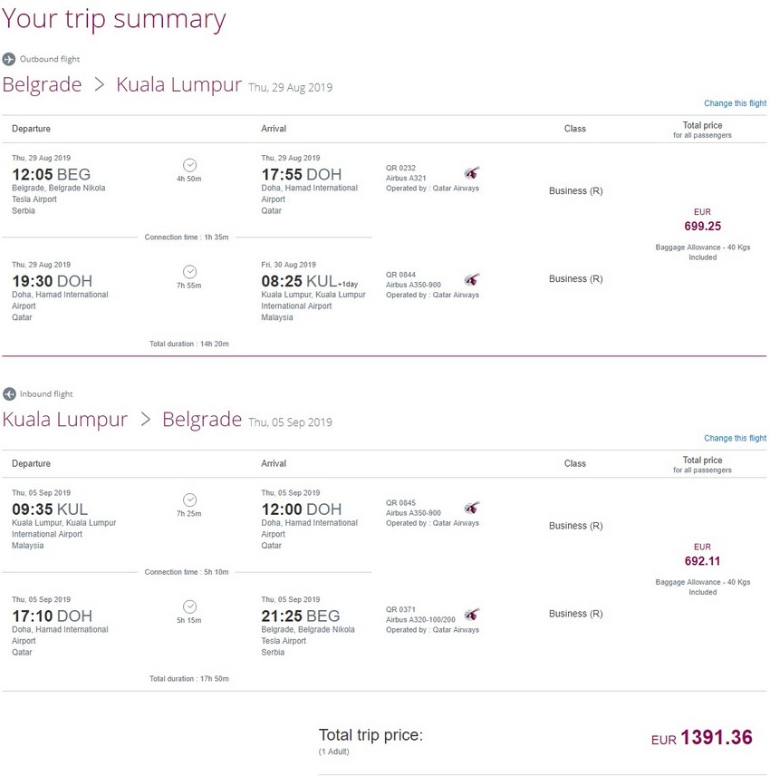 Preisbeispiel von Belgrad nach Kuala Lumpur in der Qatar Airways Business-Class