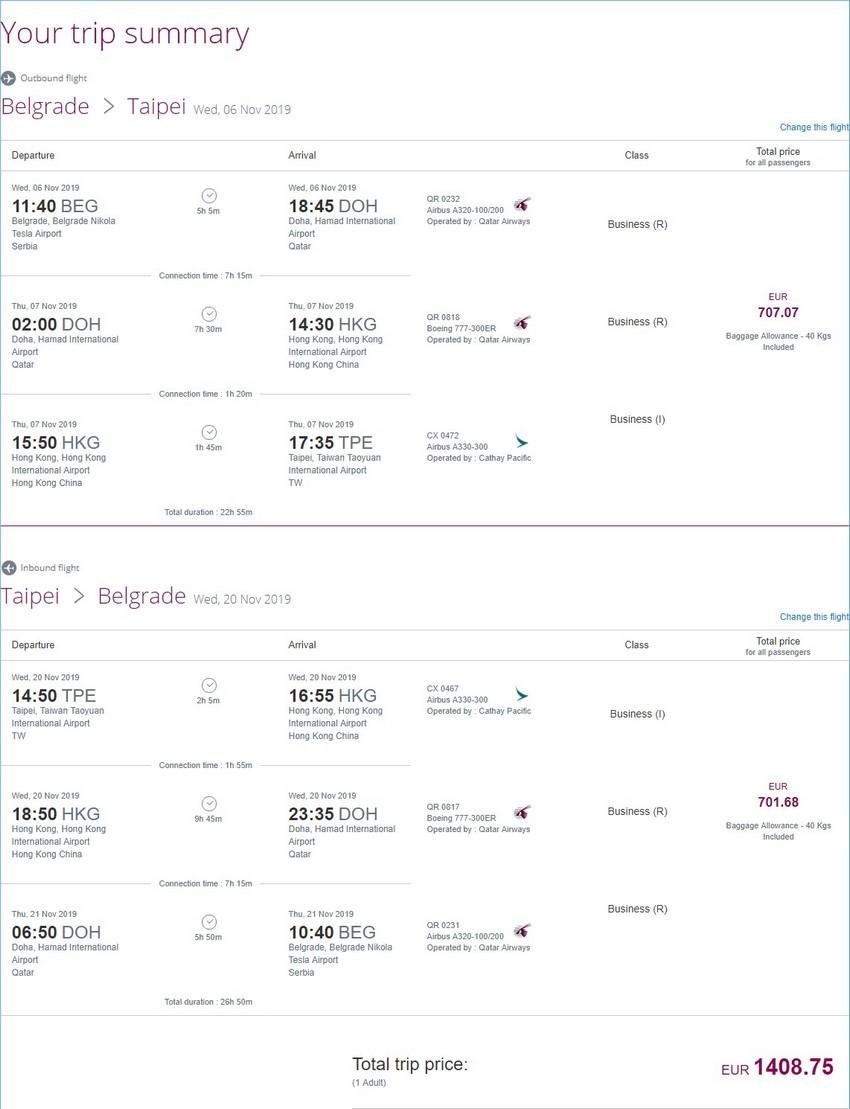 Preisbeispiel von Belgrad nach Taipei in der Qatar Airways / Cathay Pacific Business-Class