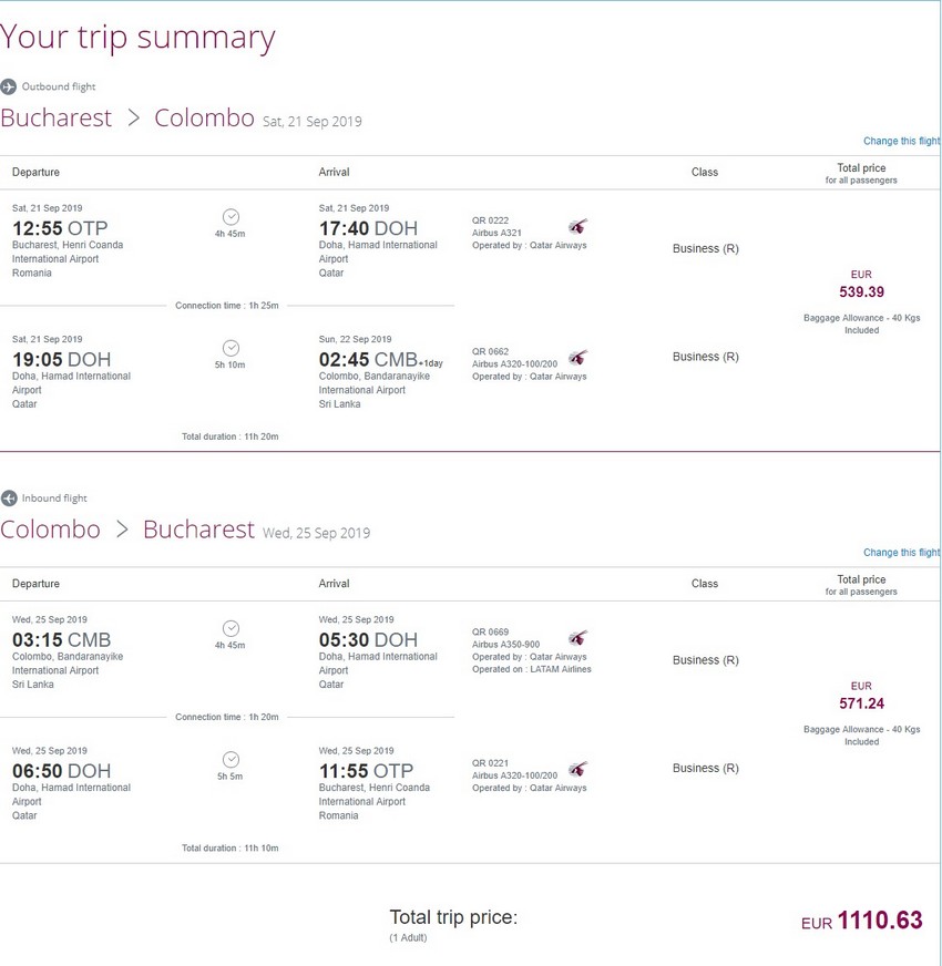 Preisbeispiel von Bucharest nach Colombo in der Qatar Airways Business-Class