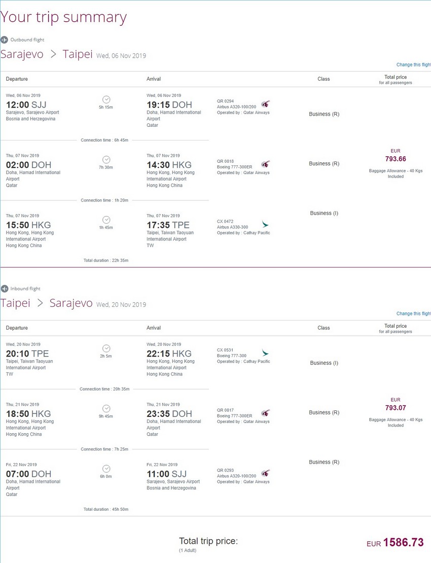 Preisbeispiel von Sarajevo nach Taipei in der Qatar Airways / Cathay Pacific Business-Class